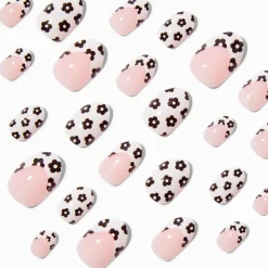 Faux ongles vegan autocollants stiletto French manucure marguerite noirs et blancs - Lot de 24