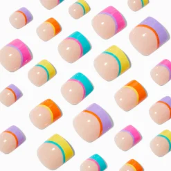 Faux ongles vegan autocollants carrés style French manucure arc-en-ciel - Lot de 24