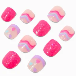 Faux ongles vegan autocollants carrés lignes ondulées roses Claire's Club - Lot de 10
