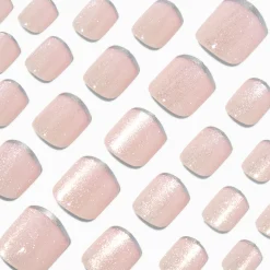 Faux ongles vegan autocollants carrés French manucure taille fine pailletés couleur argentée - Pack de 24