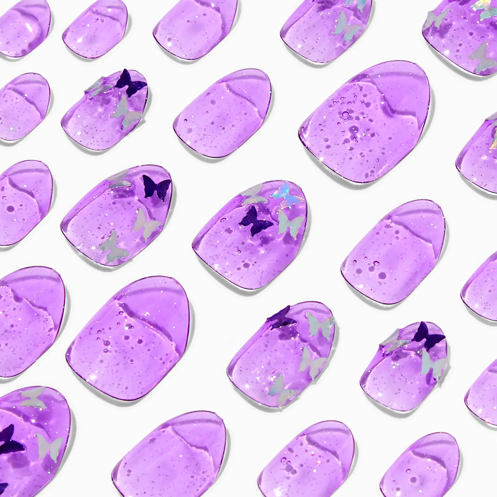 Faux ongles vegan autocollants stiletto à paillettes papillons violets - Lot de 24