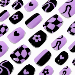 Faux ongles vegan autocollants ballerine à carreaux noirs et violets - Lot de 24