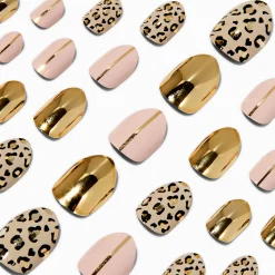 Faux ongles vegan autocollants stiletto léopard couleur dorée - Lot de 24