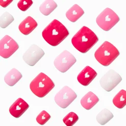 Faux ongles vegan autocollants carrés en forme de cœur rouges et roses - Lot de 24