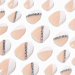 Faux ongles vegan autocollants stiletto French manucure avec strass géométriques - Lot de 24