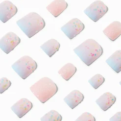 Faux ongles vegan autocollants carrés à paillettes avec dégradé bleu - Lot de 24