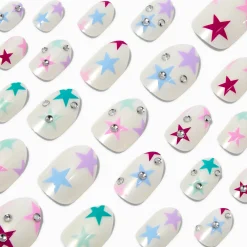 Faux ongles vegan autocollants stiletto étoiles multicolores - Lot de 24