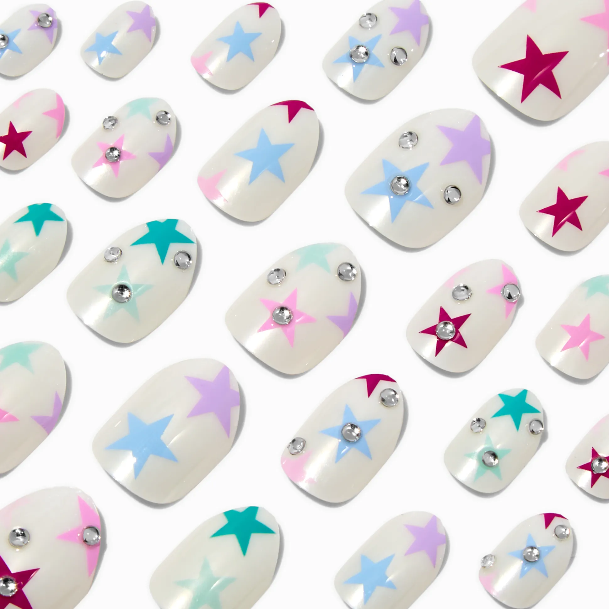 Faux ongles vegan autocollants stiletto étoiles multicolores - Lot de 24