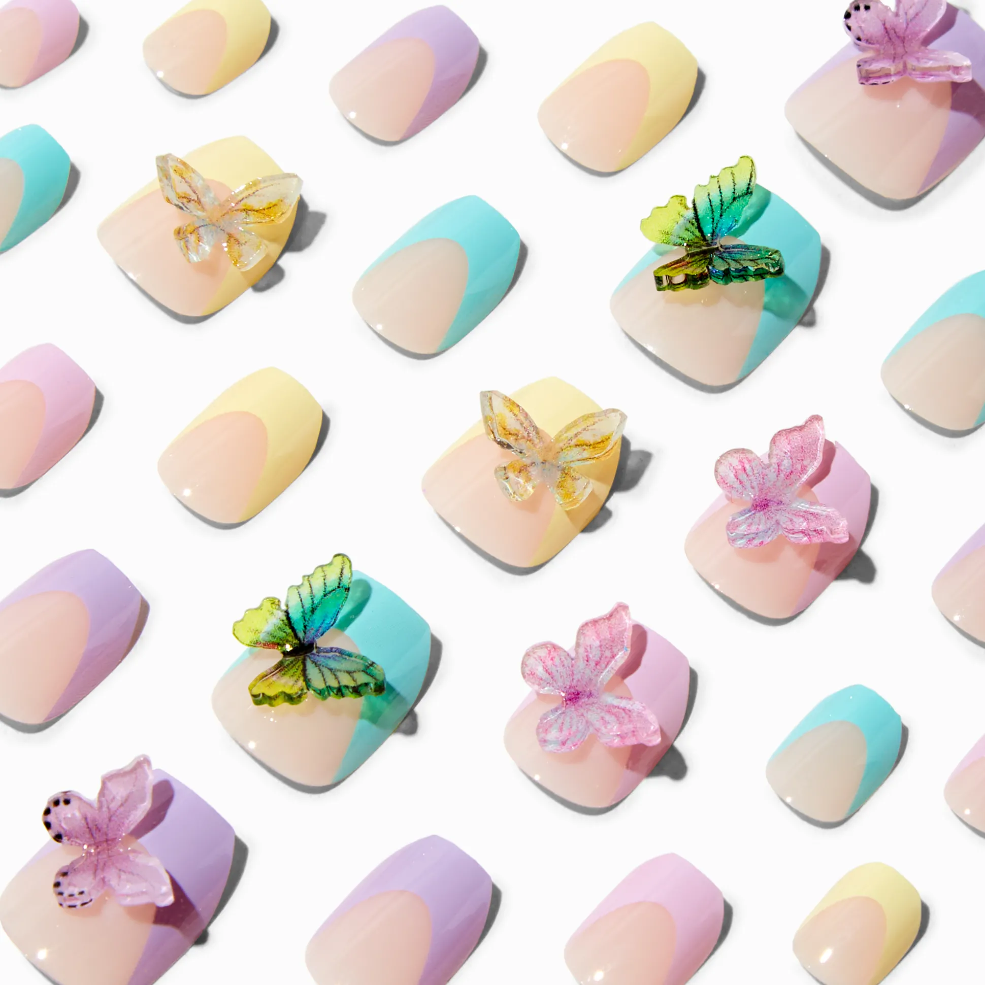 Faux ongles vegan autocollants ballerine 3D papillon pastel - Lot de 24