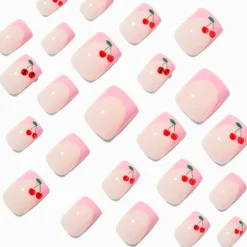 Faux ongles vegan carrés avec strass cerises French manucure roses - Lot de 24