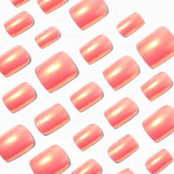 Faux ongles vegan carrés corail style chromé - Lot de 24