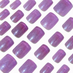 Faux ongles vegan carrés moyens œil de chat violets - Lot de 24