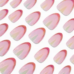 Faux ongles vegan courts en amande holographique roses - Lot de 24