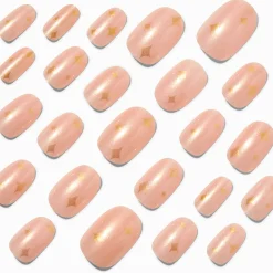 Faux ongles vegan de forme ovale moyens célestes à paillettes couleur dorée - Lot de 24