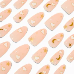 Faux ongles vegan en amande longs étoiles cœurs blancs - Lot de 24