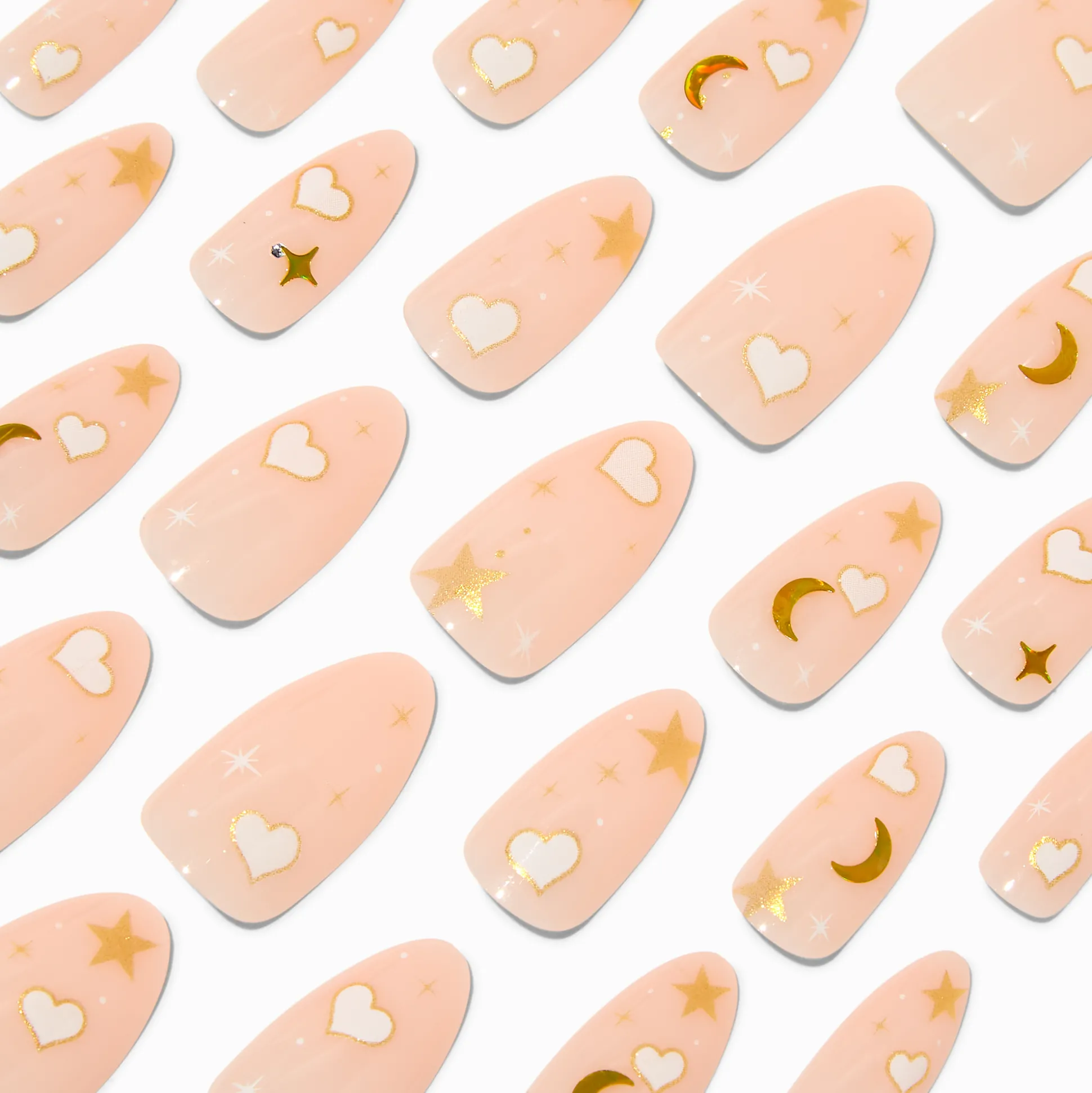 Faux ongles vegan en amande longs étoiles cœurs blancs - Lot de 24