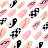 Faux ongles vegan stiletto carreaux, éclair et yin et yang - Lot de 24