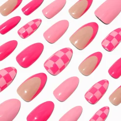 Faux ongles vegan stiletto French manucure à carreaux roses - Lot de 24