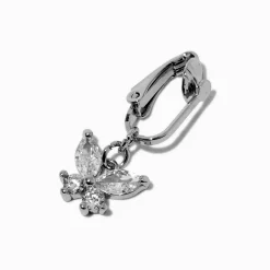 Faux piercing de nombril à clip papillon strass couleur argentée