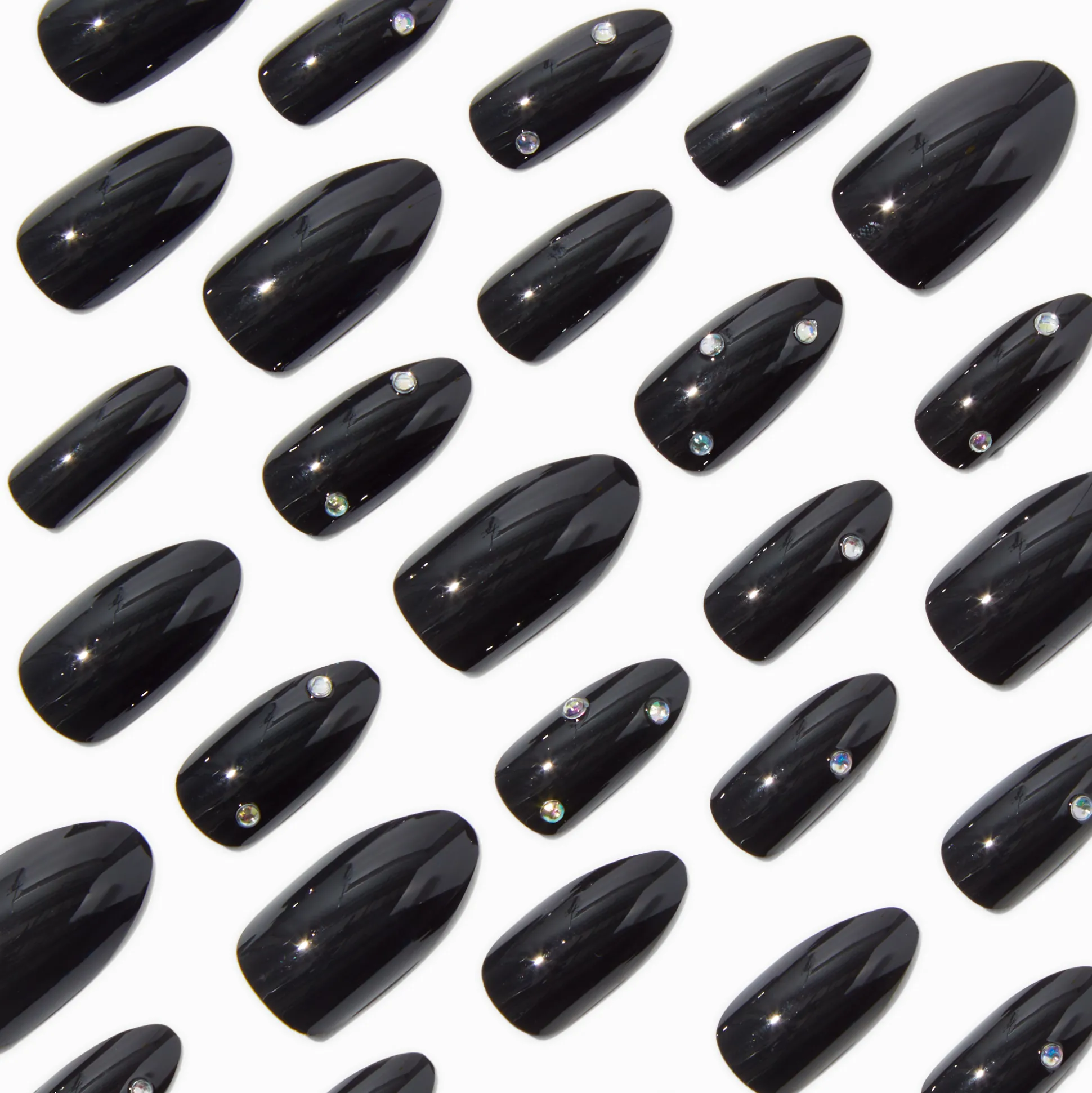 Glossy Black Bling Stiletto Vegan Faux Nail Set - 24 Pack