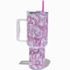 Gobelet à anse en acier inoxydable avec papillons roses