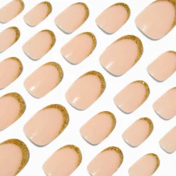 Gold Glitter French Tip Medium Oval Vegan Faux Nail Set - 24 Pack