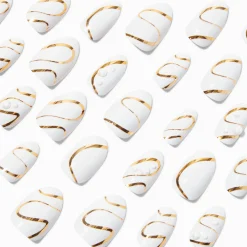 Gold Squiggle & Pearl Short Almond Vegan Faux Nail Set - 24 Pack
