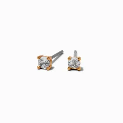 Gold-tone Cubic Zirconia 3mm Round Stud Earrings