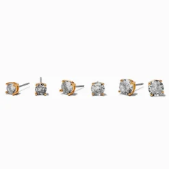 Gold-tone Cubic Zirconia 5mm, 6mm, & 7mm Round Stud Earrings - 3 Pack