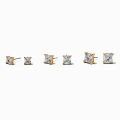 Gold-tone Cubic Zirconia 5mm, 6mm, & 7mm Square Stud Earrings - 3 Pack