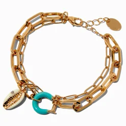 Gold-tone Enamel Shell Multi Strand Chain Bracelet