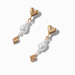 Gold-tone Heart Pearl Drop Earrings