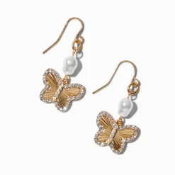 Gold-tone Pavé Butterfly Pearl Drop Earrings