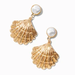 Gold-tone Pearl Seashell Drop Earrings
