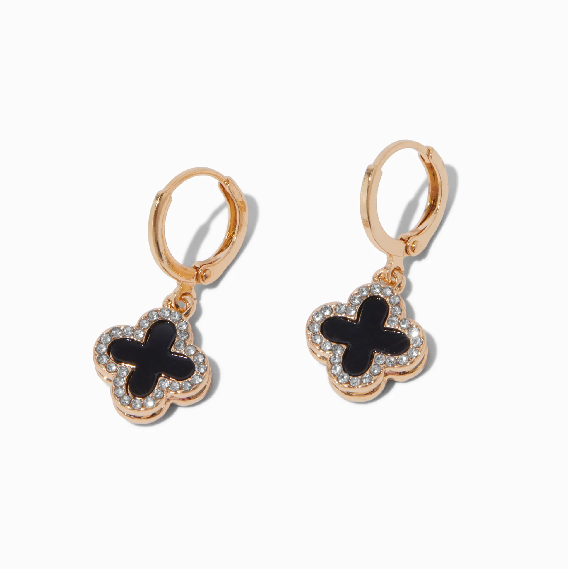 Gold-tone Pink & Black Crystal Clover 12mm Hoop Earrings