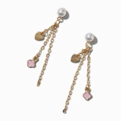 Gold-tone Pink Clover Pearl Chain Drop Earrings