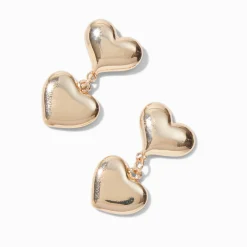 Gold-tone Puffy Double Heart Drop Earrings