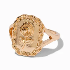 Gold-tone Rose Stamped Signet Ring