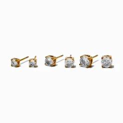 Gold-tone Stainless Steel Cubic Zirconia Round Stud Earrings - 3 Pack