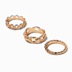 Gold-tone Text Chain Ring Set - 3 Pack