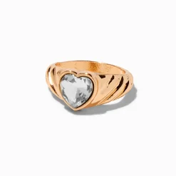 Gold-tone Textured Clear Heart Ring