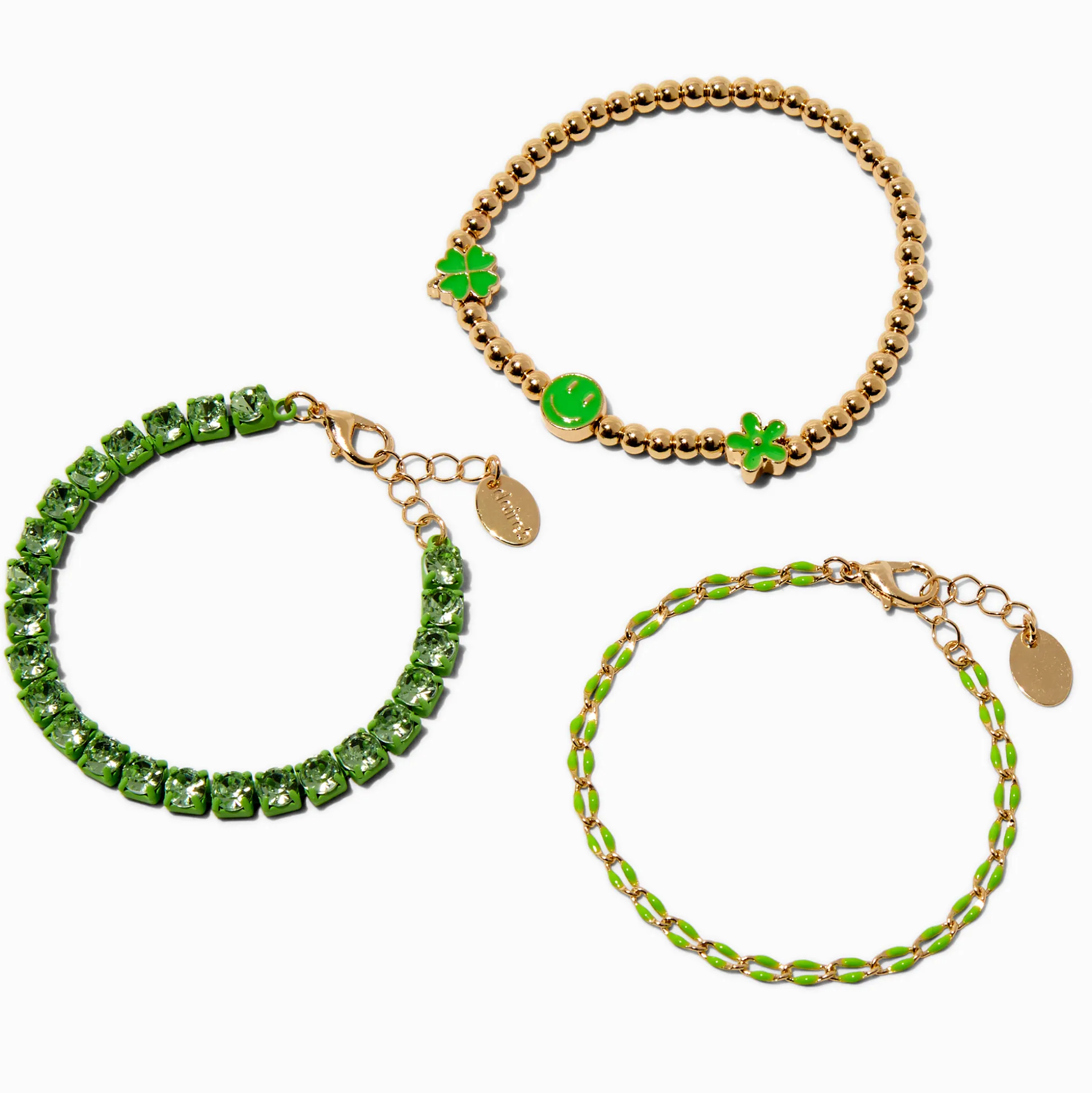 Green Enamel Heart Clover Bracelet Set - 3 Pack