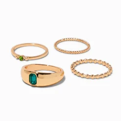 Green Rhinestone Gold-tone Signet Ring Set - 4 Pack