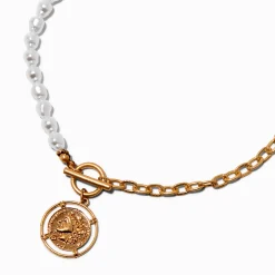 Half Pearl Gold-tone Chain Coin Pendant Necklace