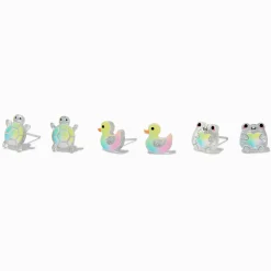 Iridescent Glitter Turtle, Frog, & Duck Stud Earrings - 3 Pack