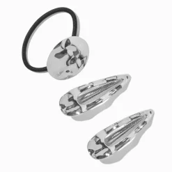 Élastique et barrettes clic-clac style martelé couleur argentée - Lot de 3