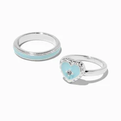 Light Blue Enamel Heart Rings Stack - 2 Pack