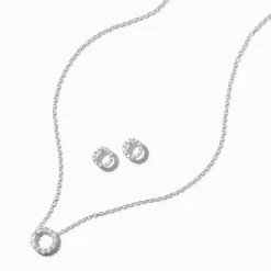 Lot clous d'oreilles et collier à pendentif circulaire en zircon cubique couleur argentée