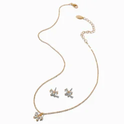 Lot clous d'oreilles et collier à pendentif nœud en zircon cubique couleur dorée