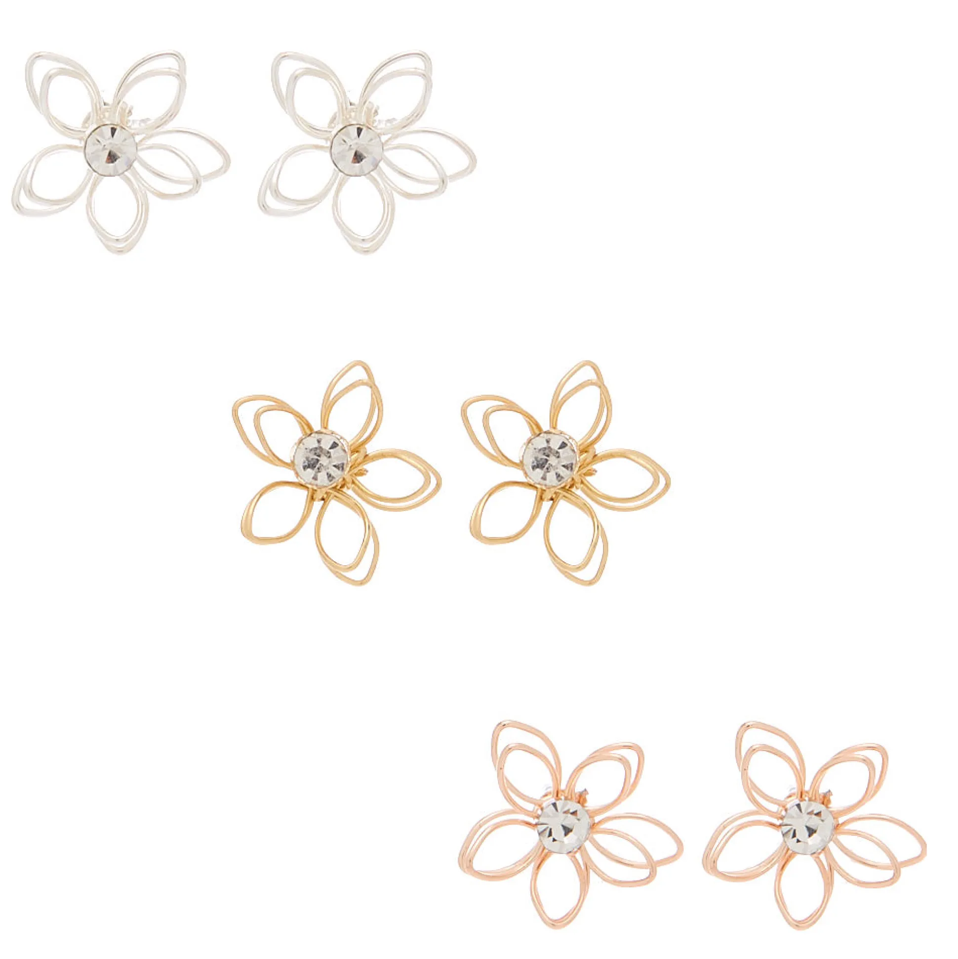 Lot de 3 paires de clous d'oreille fleurs en fil de fer en métaux mixtes